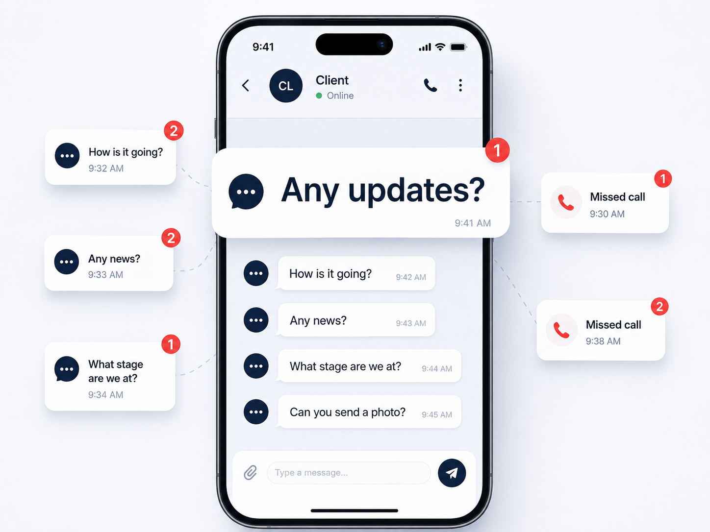 Client asking for project updates with repeated messages and missed calls in a chat interface