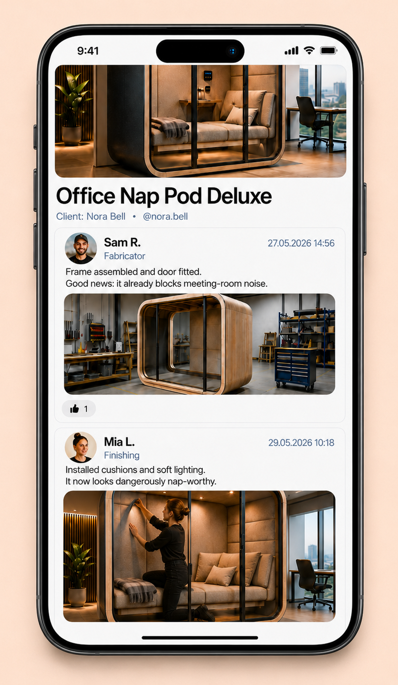 Project feed interface with progress updates, photos, and notes for clients